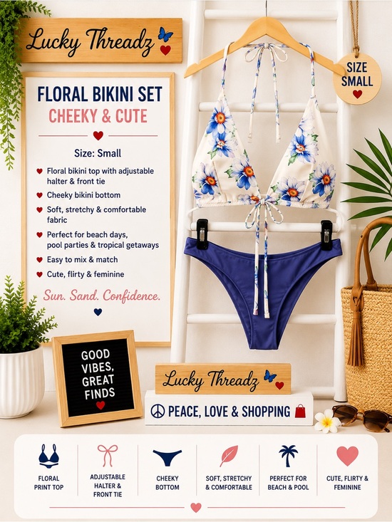 Other - Floral & Navy Cheeky Bikini Set - Small